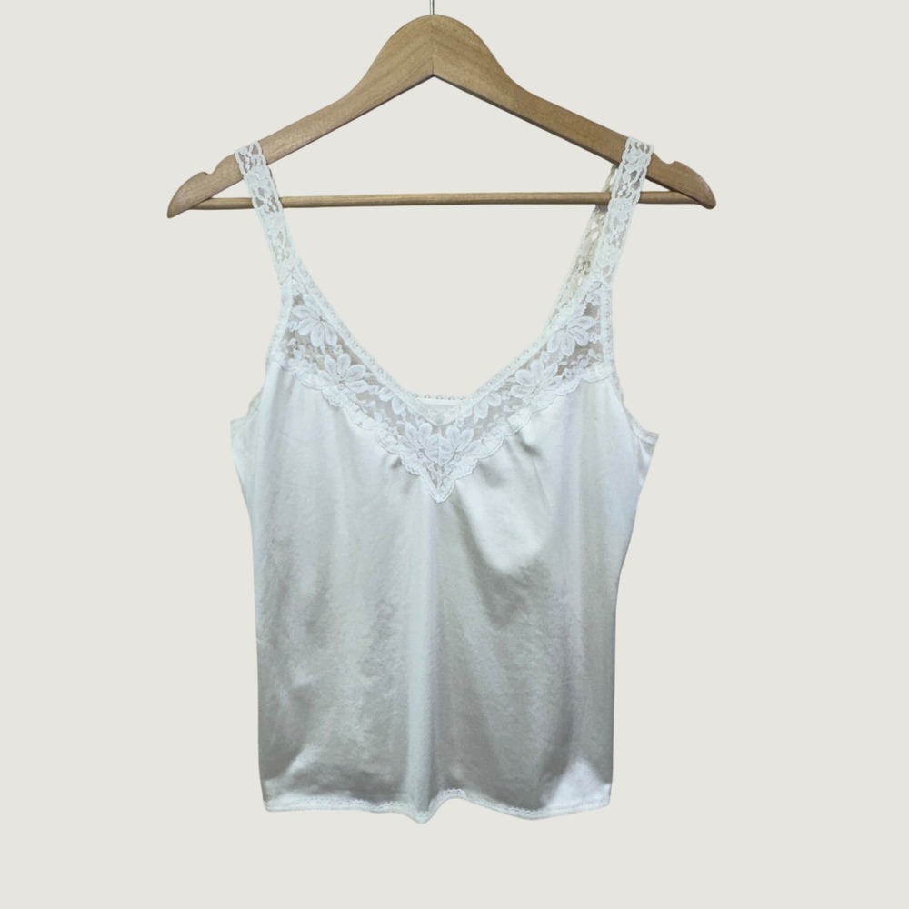 Maidenform Vintage Camisole 34 White Lace Trim Satin ILGWU Made in USA Coquette
